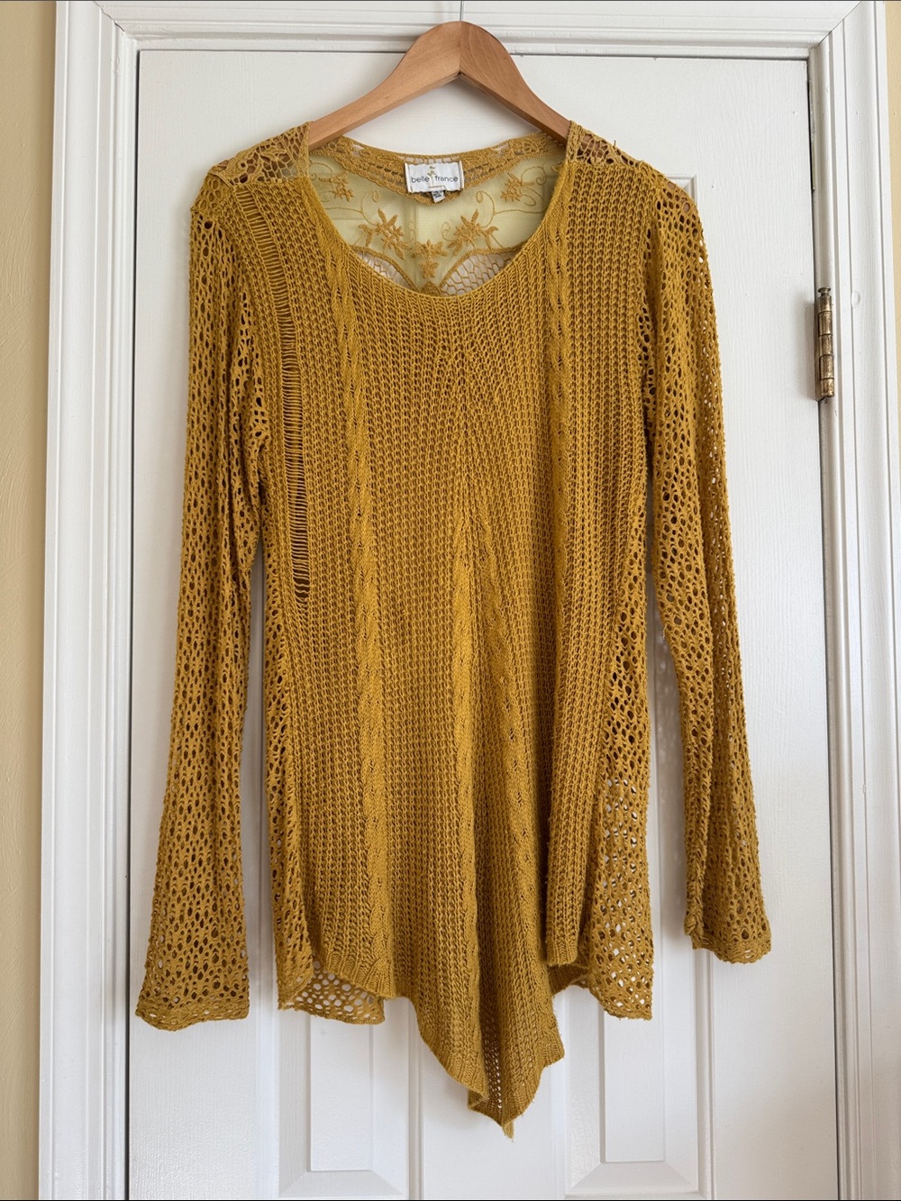 Golden Mustard Crochet Scoop Neck Sweater